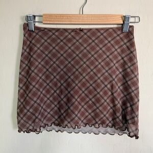 H&M Divided Plaid Mini Skirt Stretch Brown Coffee Ruffle Feminine XS